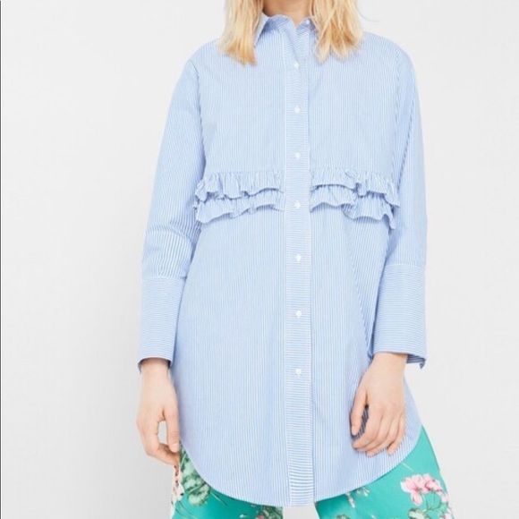 Mango | Ruffled Poplin Shirt Dress Blue Stripe 4 - Picture 1 of 9